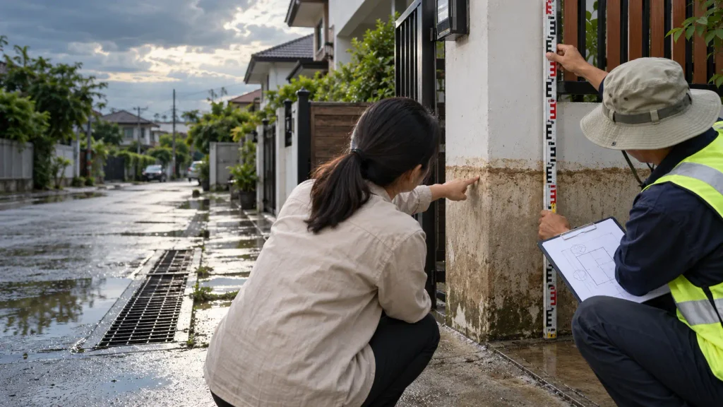 เจ้าของบ้านและช่างสำรวจรอยระดับน้ำท่วมเดิมบนเสารั้ว เพื่อวางแผนป้องกันน้ำเข้าบ้าน